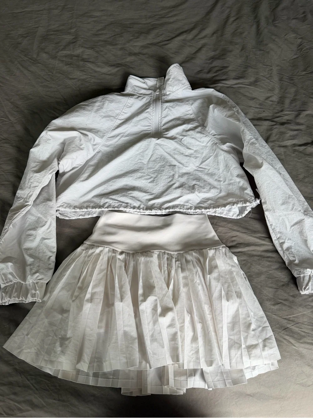 Alo White Cropped Windbreaker and Pleated Skirt Set